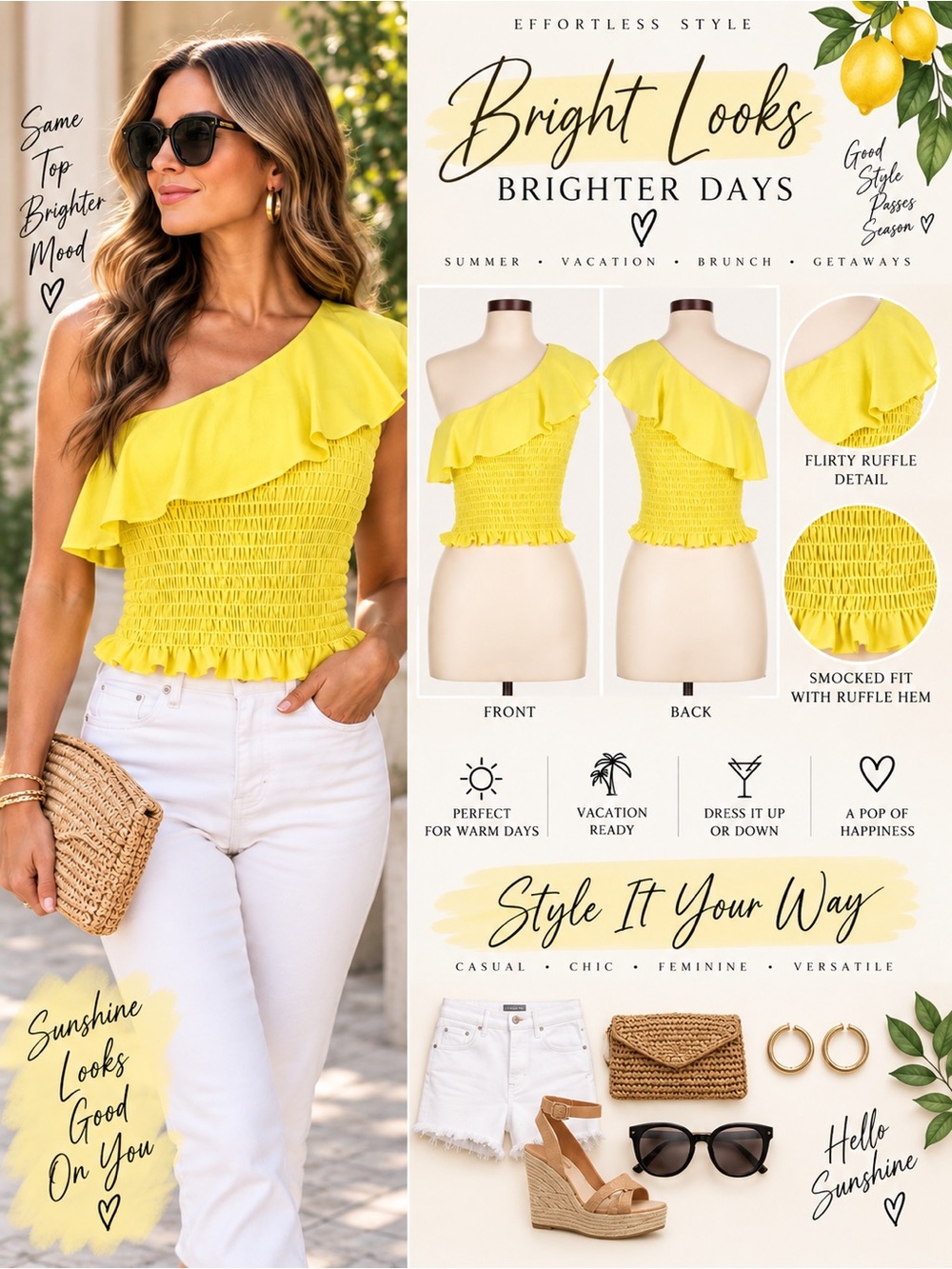 Krisa Yellow One Shoulder Smocked Ruffle Crop Top L Resort Vacation